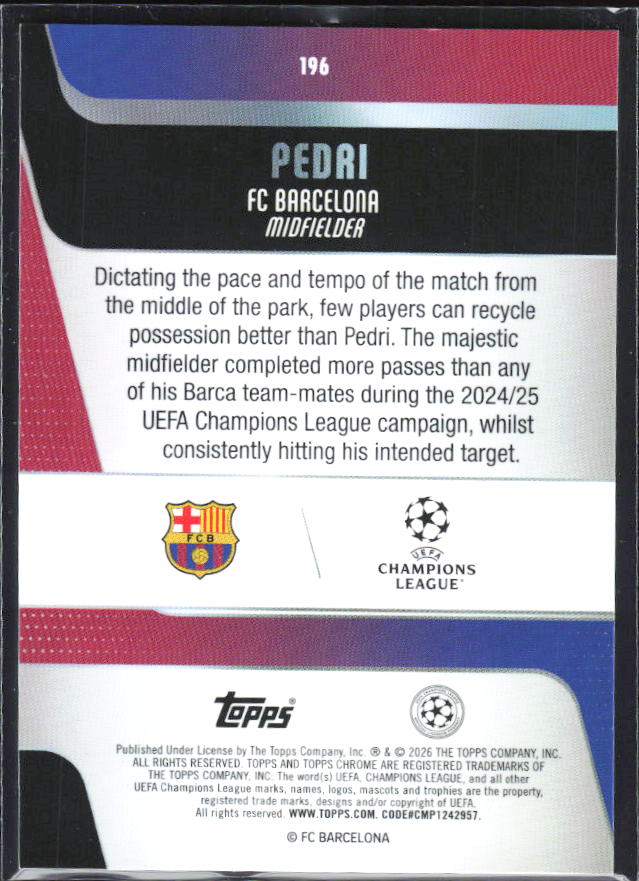 Pedri 2025-26 Chrome UEFA #196 – baksida