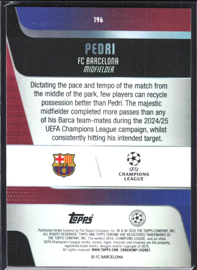 Pedri 2025-26 Chrome UEFA #196 – baksida
