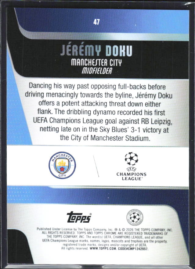 Jérémy Doku 2025-26 Chrome UEFA #47 – baksida