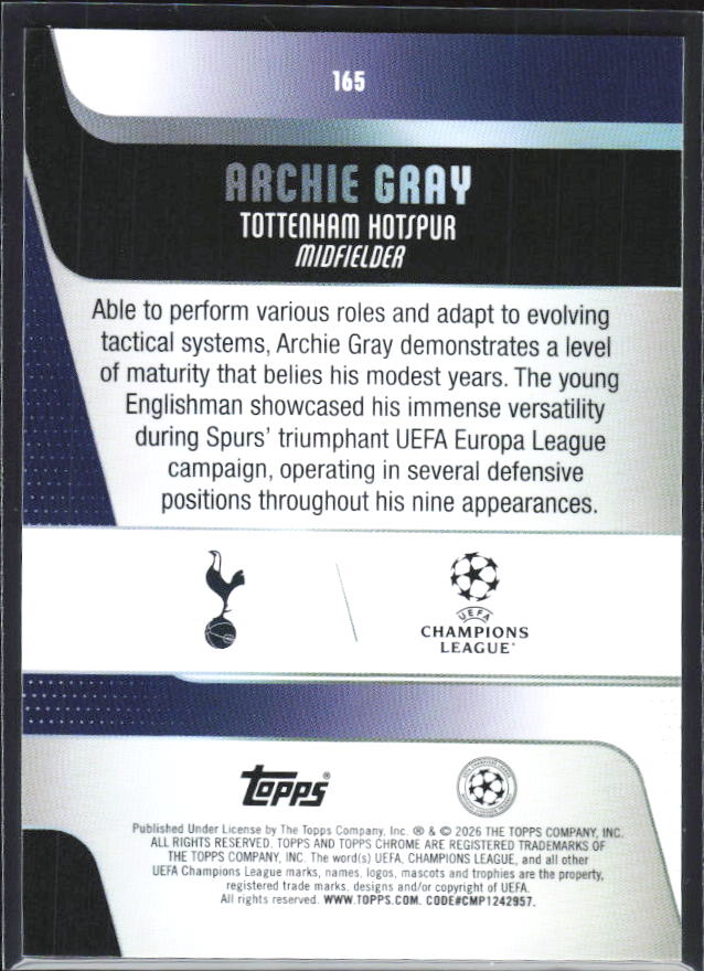 Archie Gray 2025-26 Chrome UEFA #165 – baksida