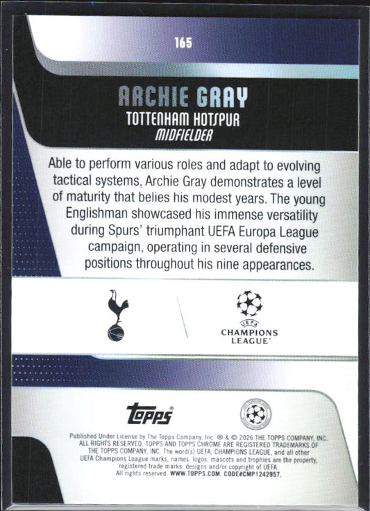 Archie Gray 2025-26 Chrome UEFA #165 – baksida