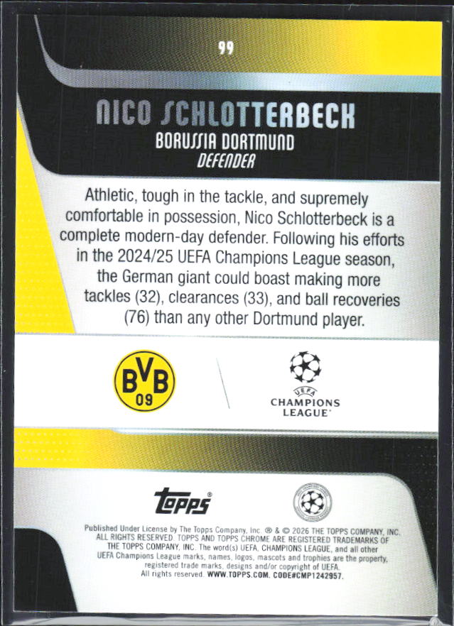 Nico Schlotterbeck 2025-26 Chrome UEFA #99 – baksida