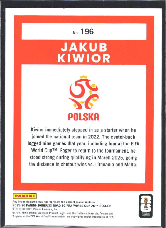 Jakub Kiwior 2025-26 Donruss Road to FIFA WC #196 – baksida
