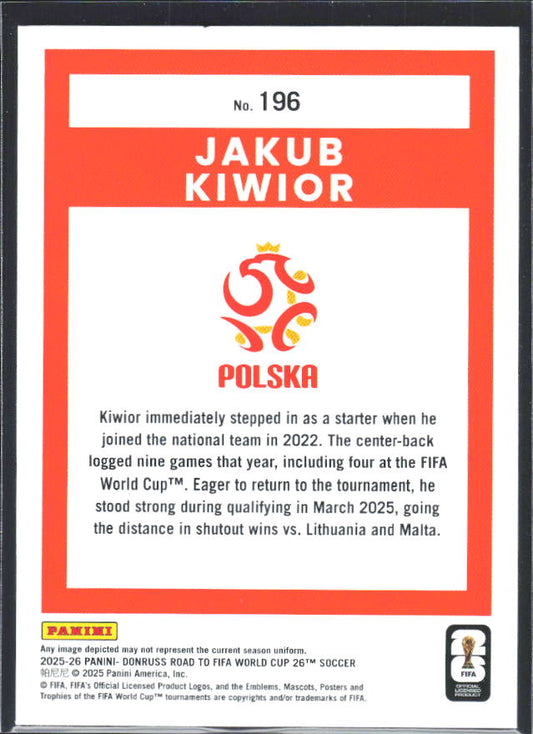 Jakub Kiwior 2025-26 Donruss Road to FIFA WC #196 – baksida