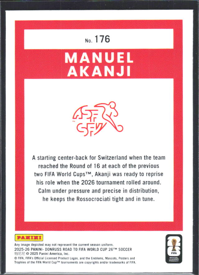 Manuel Akanji 2025-26 Donruss Road to FIFA WC #176 – baksida