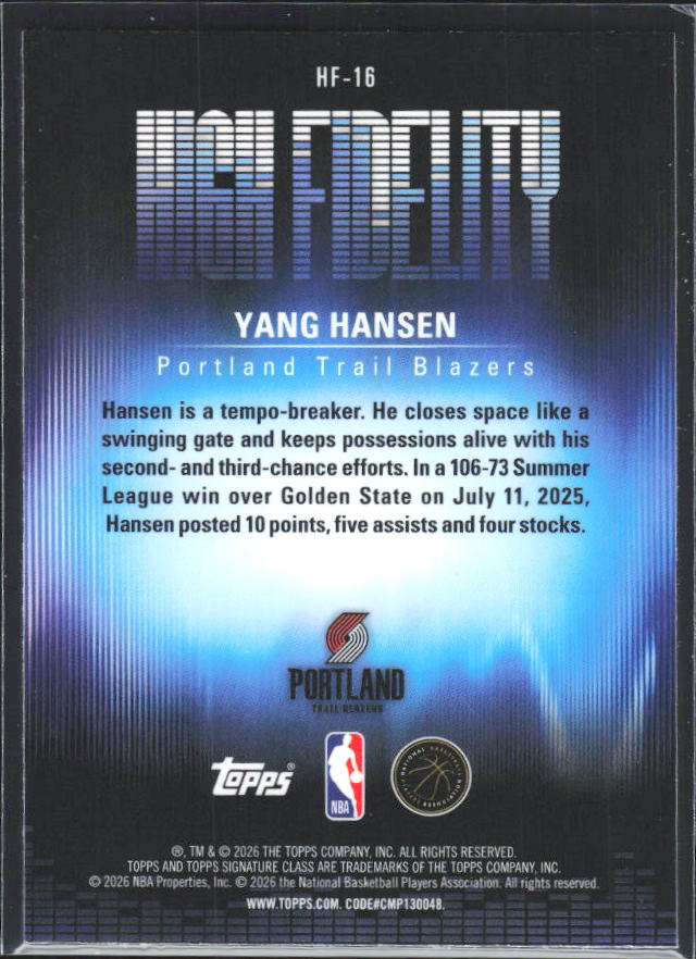 Yang Hansen 2025-26 Signature Class High Fidelity RC #HF-16 – baksida