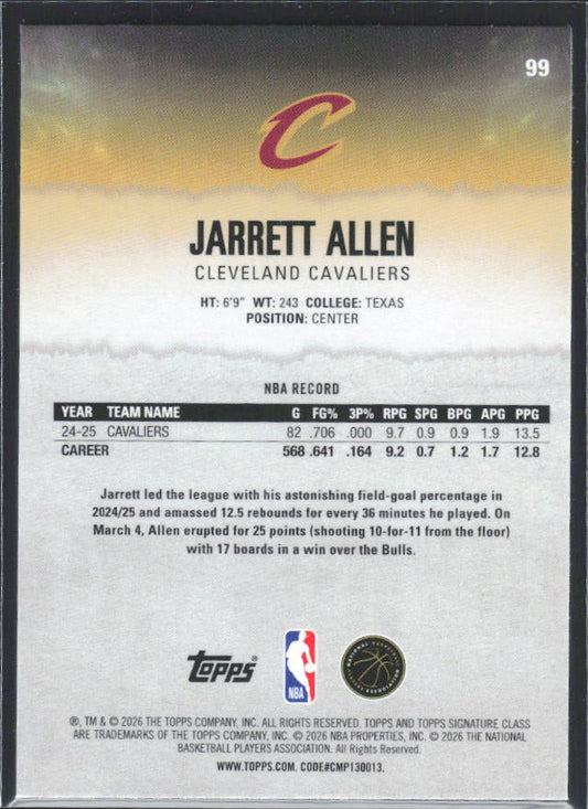 Jarrett Allen 2025-26 Signature Class #99 – baksida
