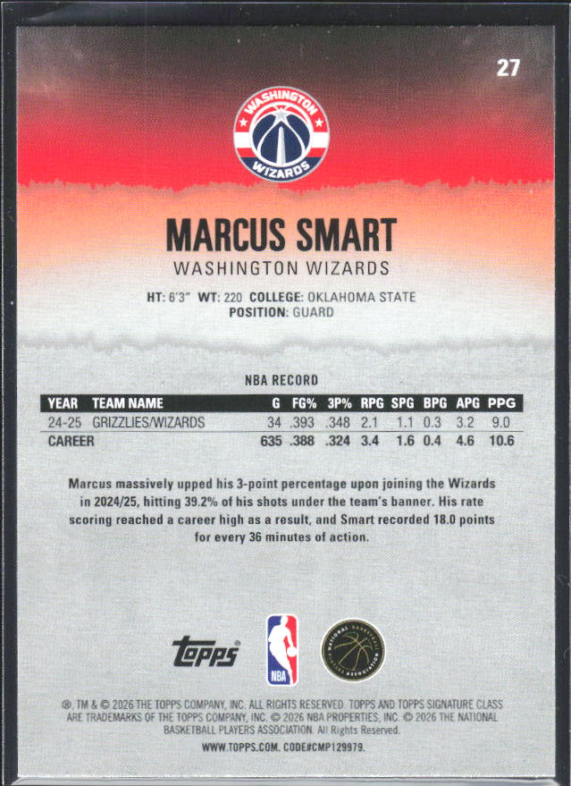 Marcus Smart 2025-26 Signature Class #27 – baksida