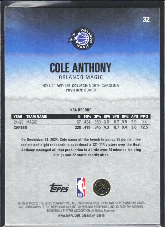 Cole Anthony 2025-26 Signature Class #32 – baksida
