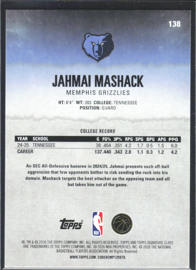 Jahmai Mashack 2025-26 Signature Class RC #138 – baksida