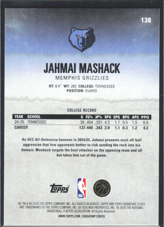 Jahmai Mashack 2025-26 Signature Class RC #138 – baksida