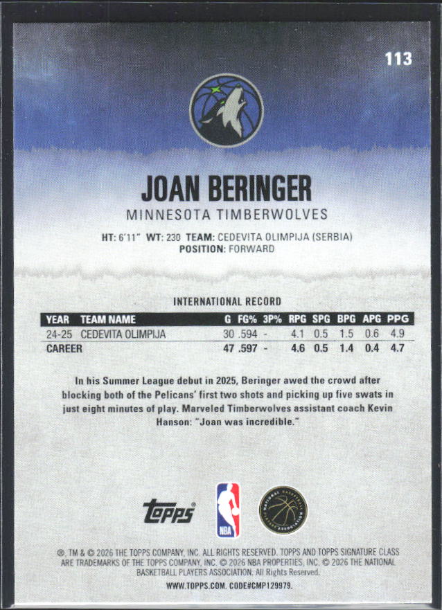 Joan Beringer 2025-26 Signature Class RC #113 – baksida