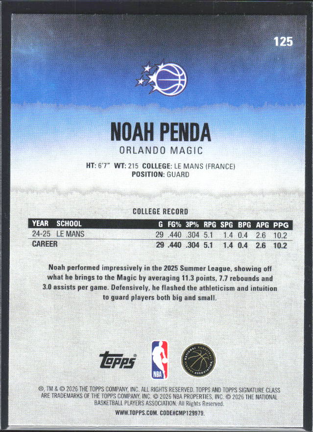 Noah Penda 2025-26 Signature Class RC #125 – baksida