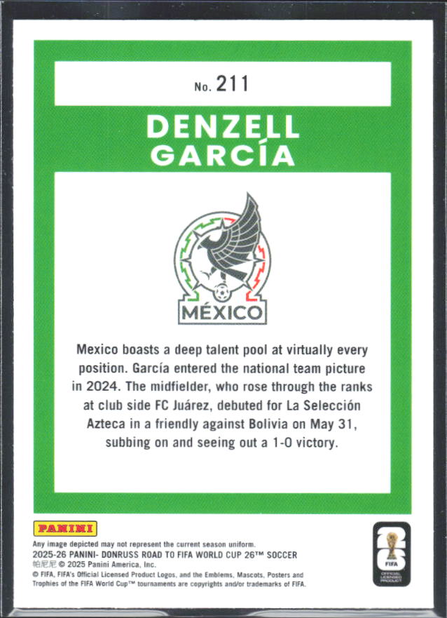 Denzell García 2025-26 Donruss Road to FIFA WC Optic Rated Rookie #211 – baksida