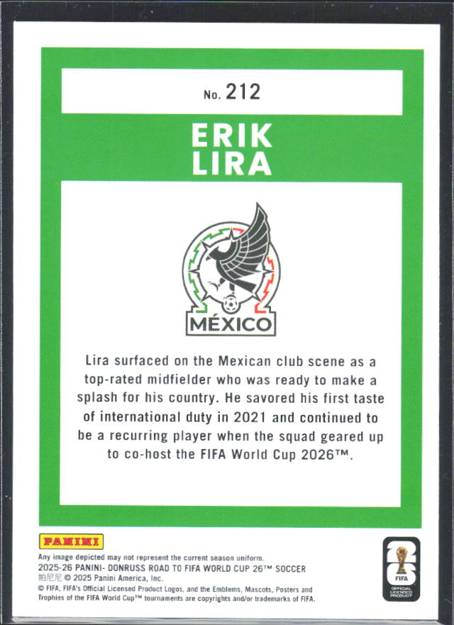 Erik Lira 2025-26 Donruss Road to FIFA WC Rated Rookie #212 – baksida