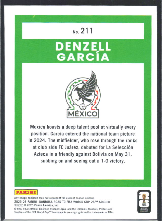 Denzell García 2025-26 Donruss Road to FIFA WC Rated Rookie #211 – baksida