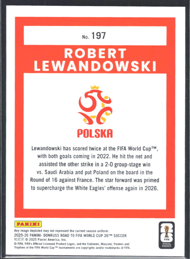 Robert Lewandowski 2025-26 Donruss Road to FIFA WC #197 – baksida