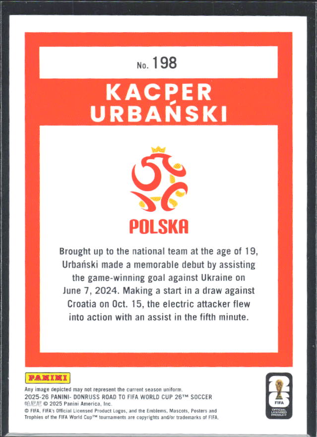 Kacper Urbański 2025-26 Donruss Road to FIFA WC #198 – baksida