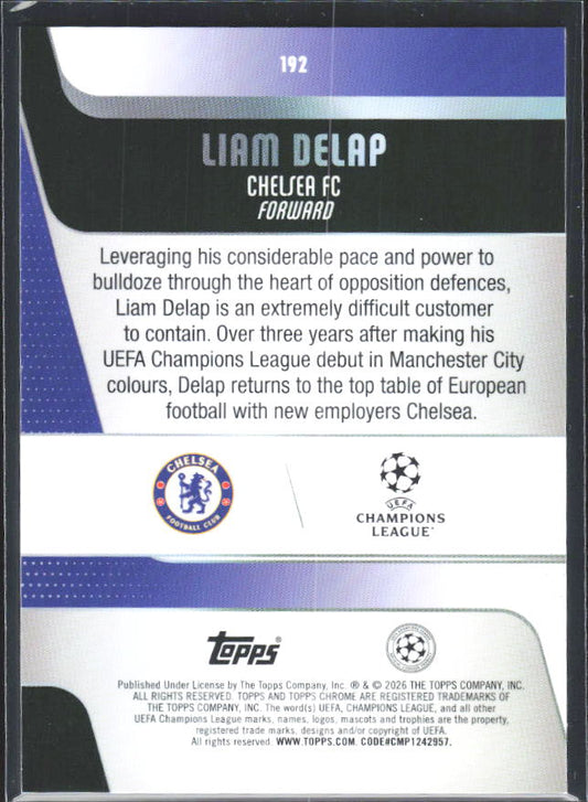 Liam Delap 2025-26 Chrome UEFA #192 – baksida