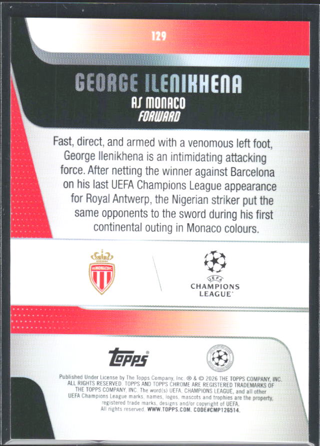 George Ilenikhena 2025-26 Chrome UEFA Future Stars #129 – baksida