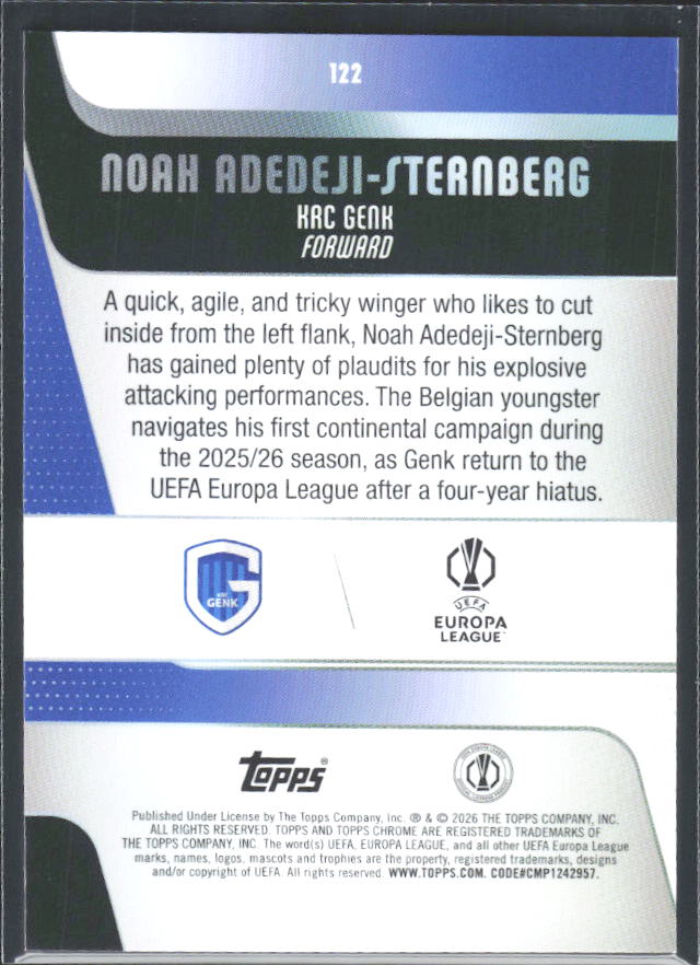 Noah Adedeji-Sternberg 2025-26 Chrome UEFA RC #122 – baksida