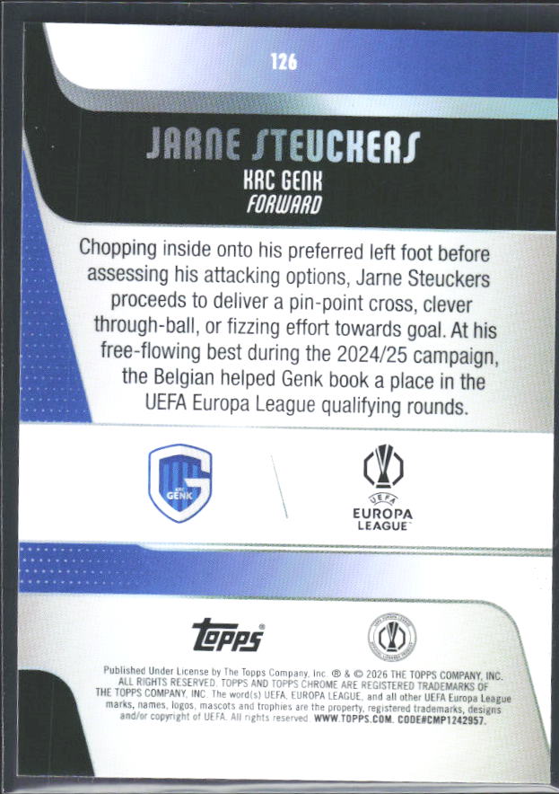 Jarne Steuckers 2025-26 Chrome UEFA RC #126 – baksida