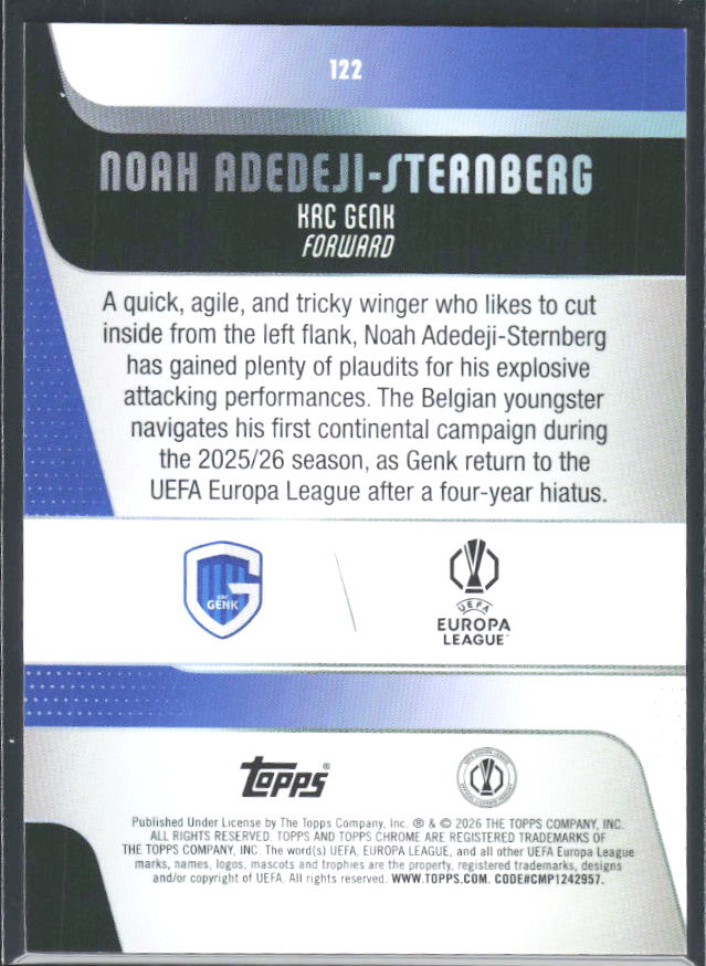 Noah Adedeji-Sternberg 2025-26 Chrome UEFA RC #122 – baksida