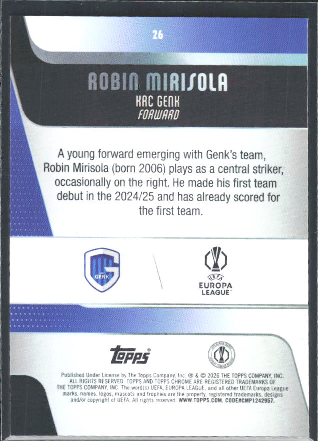 Robin Mirisola 2025-26 Chrome UEFA RC #26 – baksida