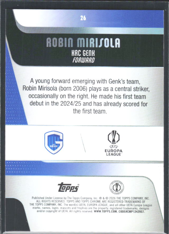 Robin Mirisola 2025-26 Chrome UEFA RC #26 – baksida