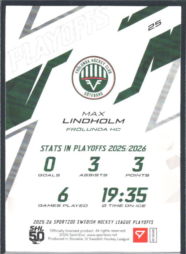 Max Lindholm 2025-26 SHL Playoffs #25 – baksida