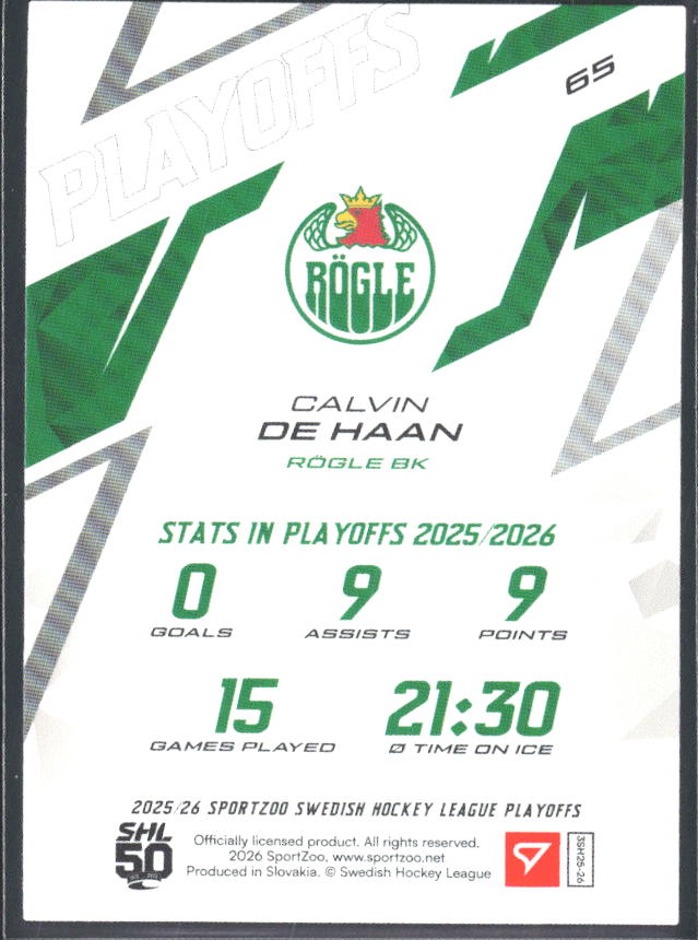 Calvin de Haan 2025-26 SHL Playoffs #65 – baksida