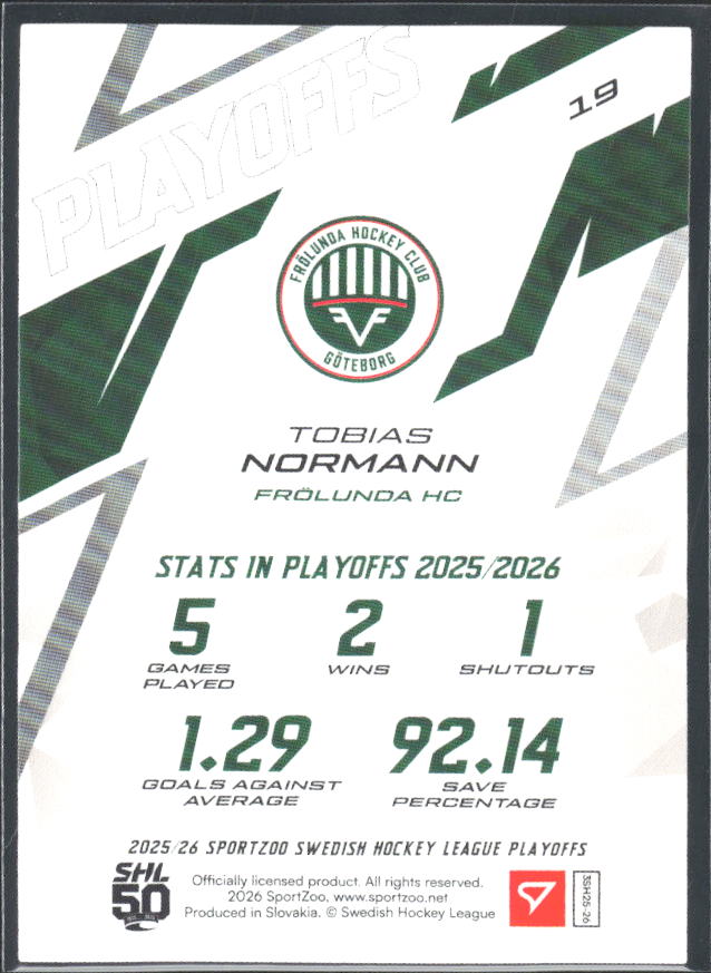 Tobias Normann 2025-26 SHL Playoffs #19 – baksida