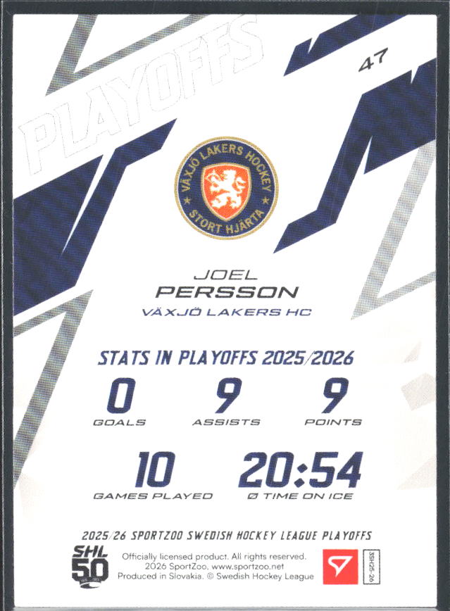 Joel Persson 2025-26 SHL Playoffs #47 – baksida