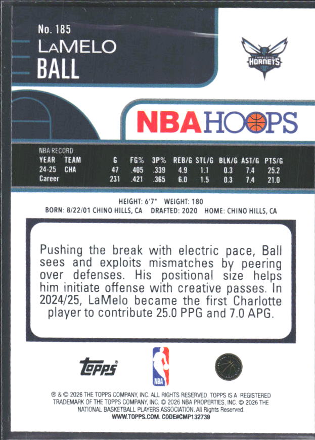 LaMelo Ball 2025-26 NBA Hoops #185 – baksida