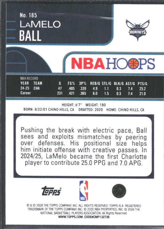 LaMelo Ball 2025-26 NBA Hoops #185 – baksida