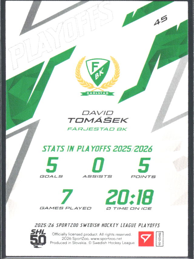 David Tomášek 2025-26 SHL Playoffs #45 – baksida