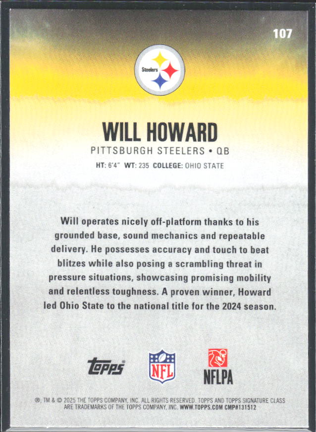 Will Howard 2025 Signature Class RC #107 – baksida