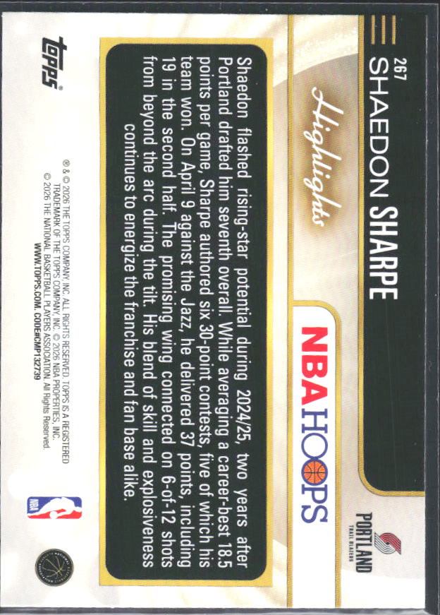 Shaedon Sharpe 2025-26 NBA Hoops Highlights #267 – baksida