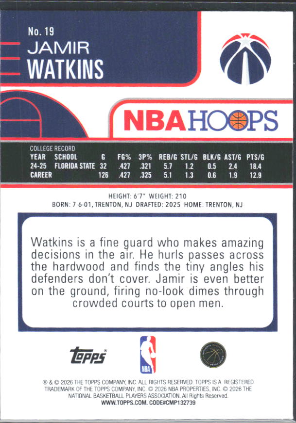 Jamir Watkins 2025-26 NBA Hoops RC #19 – baksida