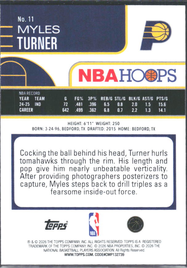 Myles Turner 2025-26 NBA Hoops #11 – baksida