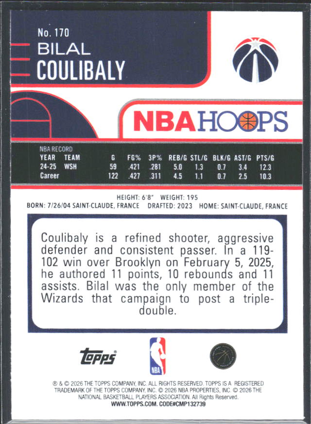 Bilal Coulibaly 2025-26 NBA Hoops #170 – baksida