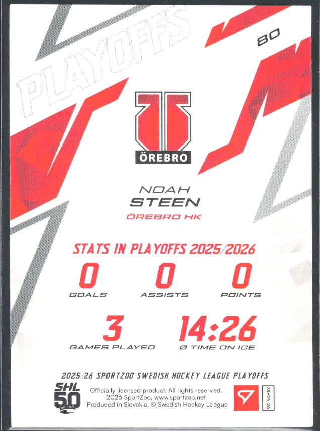 Noah Steen 2025-26 SHL Playoffs #80 – baksida