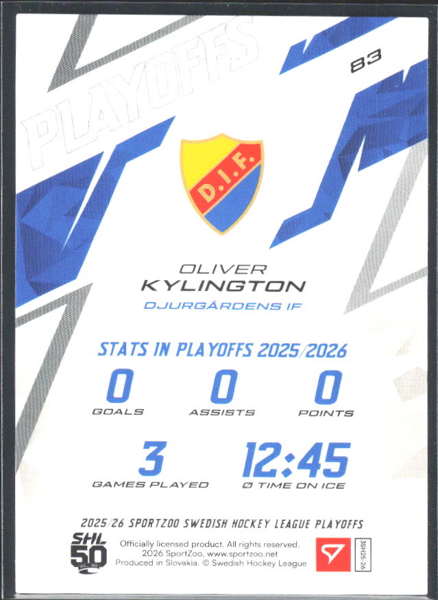 Oliver Kylington 2025-26 SHL Playoffs #83 – baksida