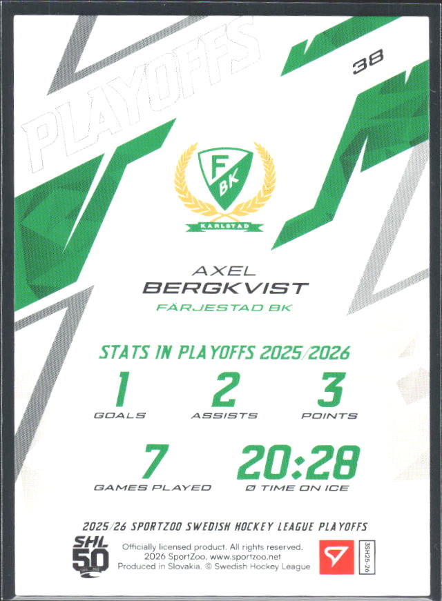 Axel Bergkvist 2025-26 SHL Playoffs #38 – baksida