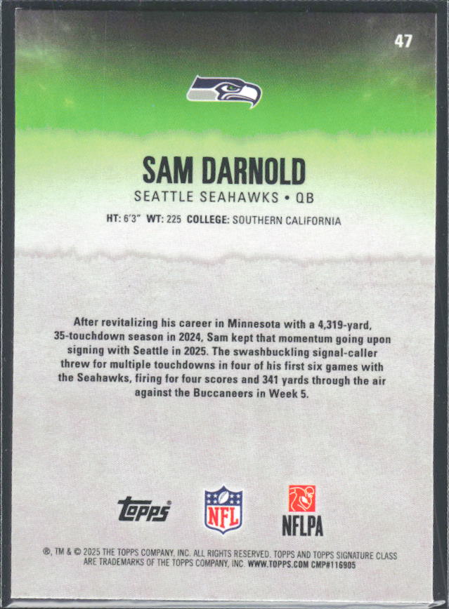 Sam Darnold 2025 Signature Class #47 – baksida