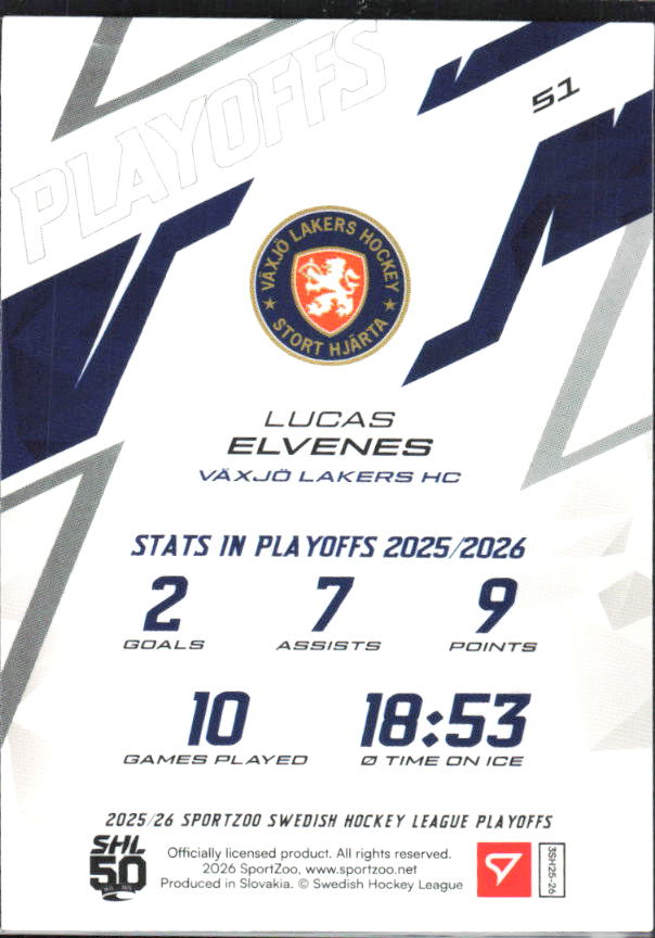Lucas Elvenes 2025-26 SHL Playoffs #51 – baksida