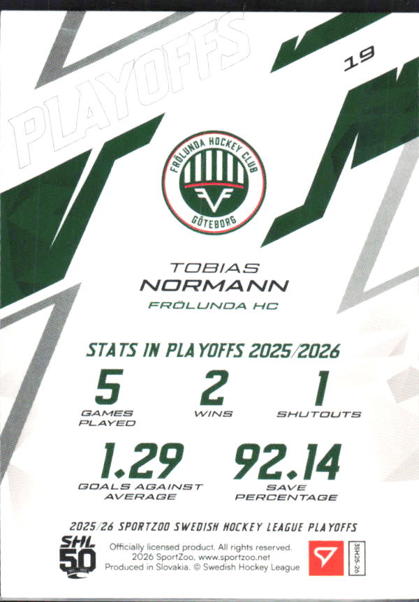 Tobias Normann 2025-26 SHL Playoffs #19 – baksida
