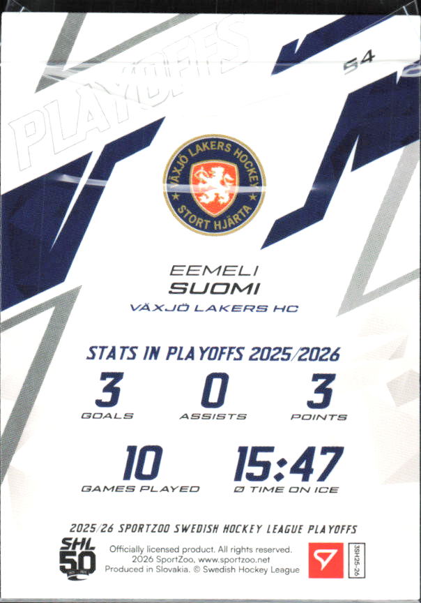 Eemeli Suomi 2025-26 SHL Playoffs #54 – baksida