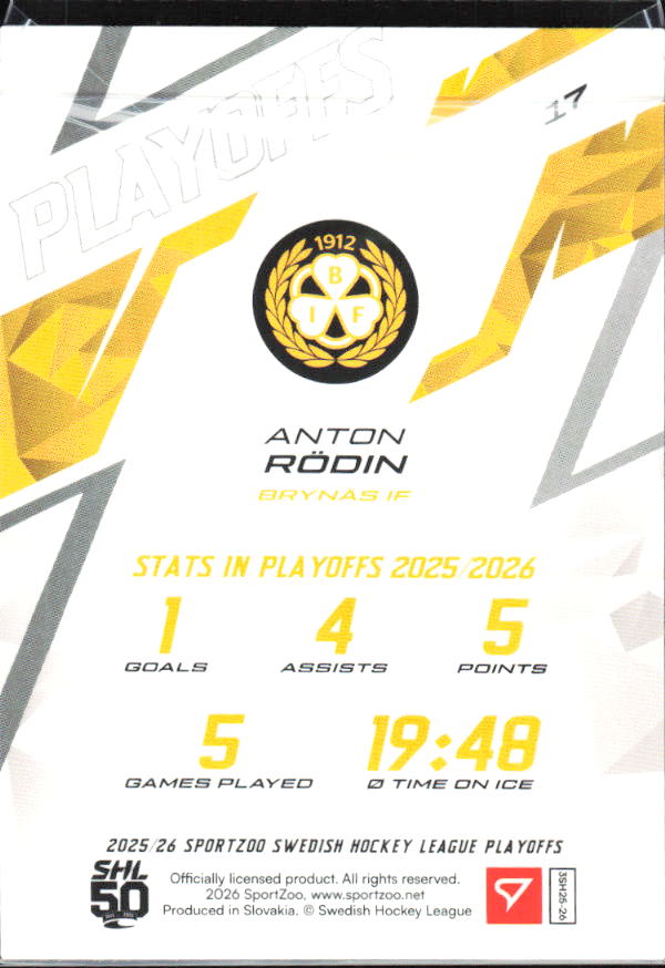 Anton Rödin 2025-26 SHL Playoffs #17 – baksida