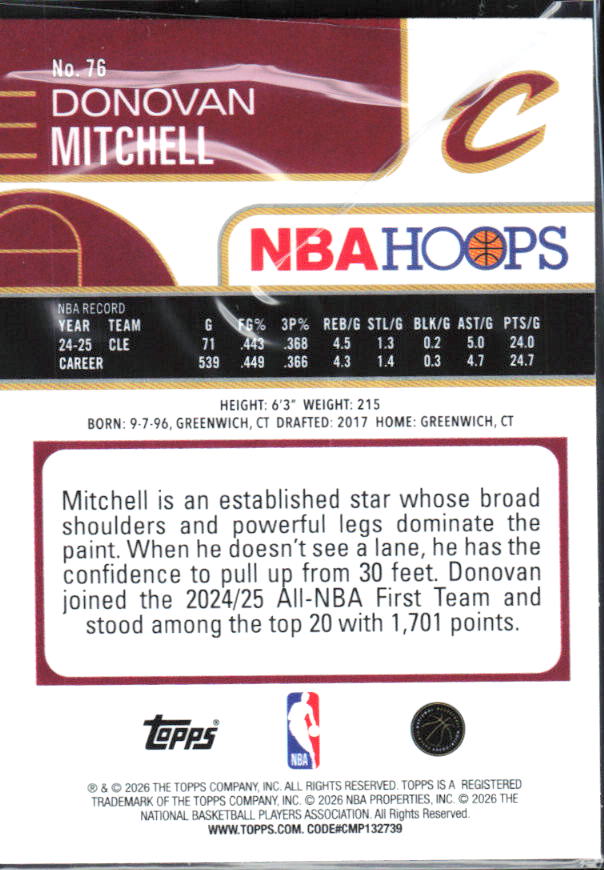 Donovan Mitchell 2025-26 NBA Hoops #76 – baksida